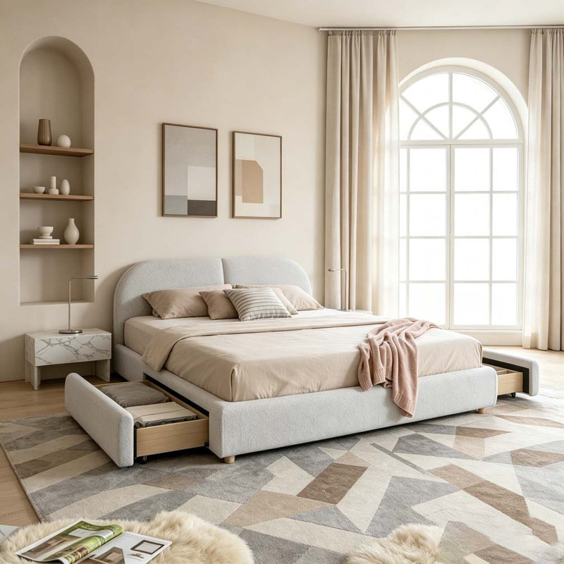 Tête de lit courbée de style moderne et minimaliste avec pieds incurvés et pieds robustes, Grand lit, Beige, Tiroir