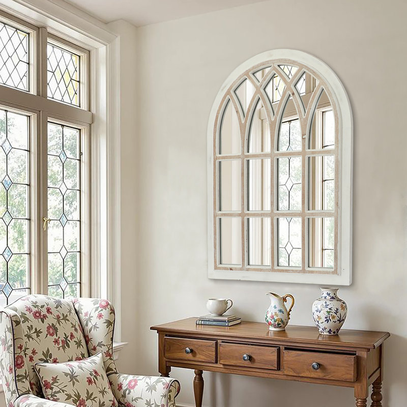 Distressed Solid Wood Arch Mirror, White/Beige