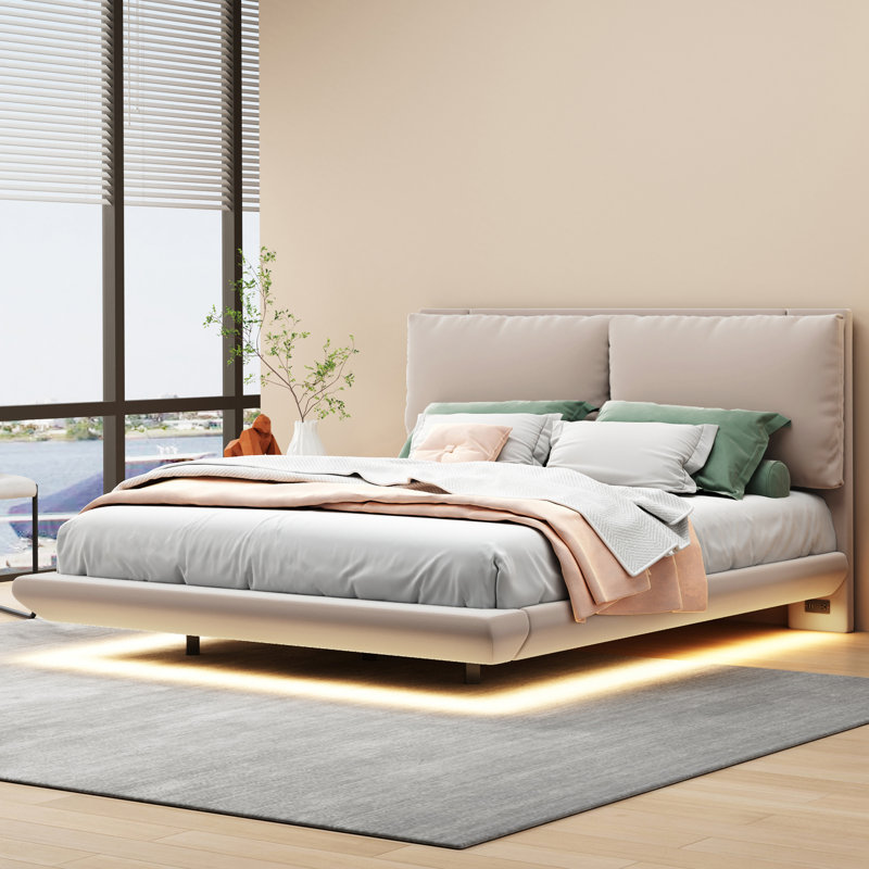 Lit tapissier de style flottant avec lumières et prises de capteur, Gris, Grand