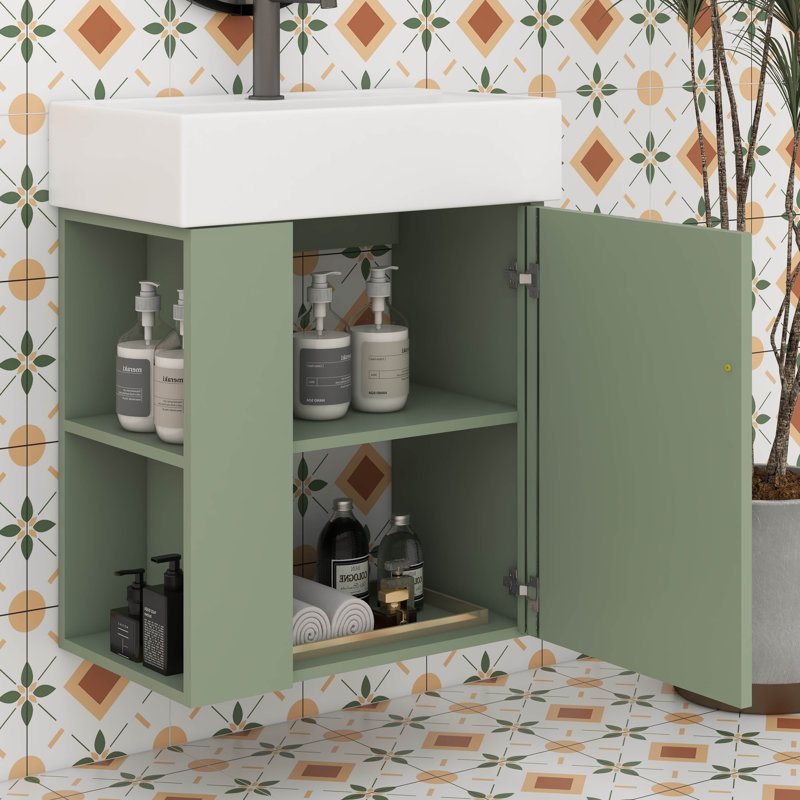 Meuble-lavabo flottant moderne 21,6 po avec lavabo en céramique, meuble de rangement mural avec porte et rangement à gauche