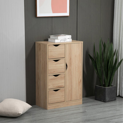 Freestanding Storage Cabinet, Bathroom Floor Cabinet With 4 Drawers And Door, Oak
