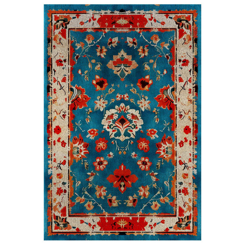 Gracilynn Collection Digital Print Cotton-Polyester Blue Floral Rug, Rectangle 3'4" x 5'