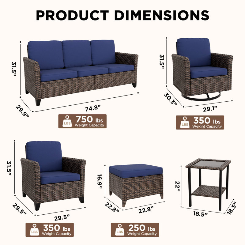 8-Piece 7-Person Mix Brown Rattan Wicker Patio Outdoor Spacious Multiple Chairs Conversation Set Sofa Seating Group with Cushion