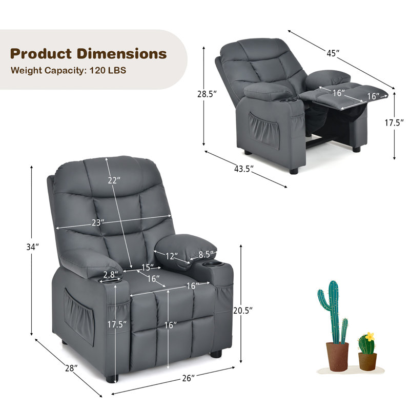 Quercia Kids 16'' Recliner Chair and Ottoman, Gray