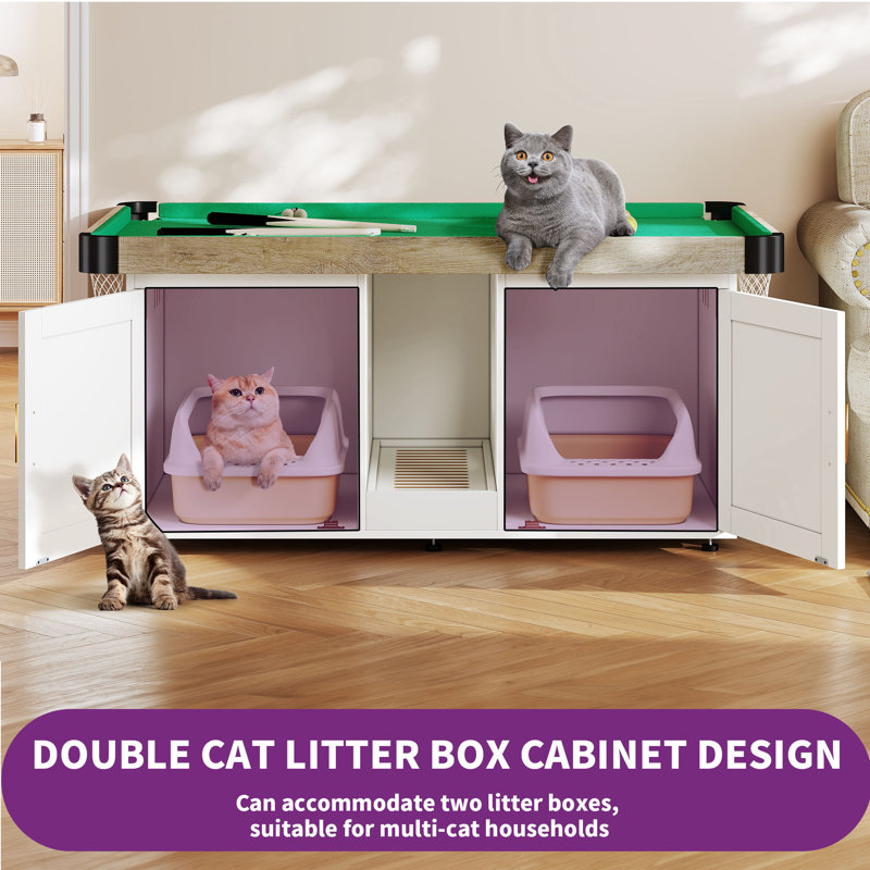 White Wooden Cat Litter Box Enclosure with Mini Pool Table