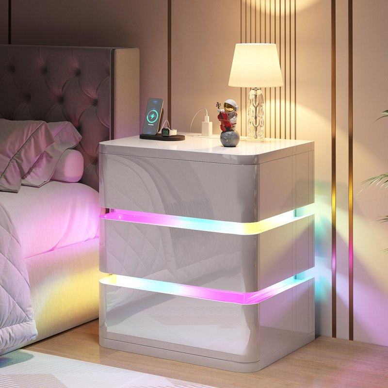 Fully Assembled 3-Drawer Nightstand with Charging Station and Motion Sensor RGB Light, Curved Profil, Power Strip Version