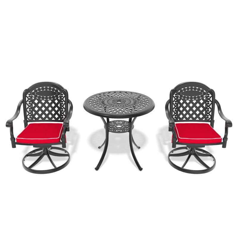 Ensemble de bar de salle à manger 3 pièces en fonte d'aluminium toutes saisons comprenant 2 chaises pivotantes et une table ronde de 30,71 po avec structure noire