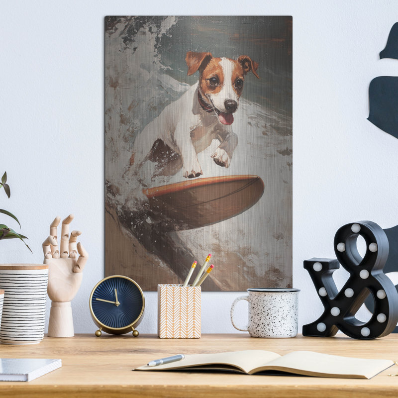 Art mural en métal Trinx «Doggy Surfing» par Svetlana Aleynikova, H 16 po x l 12 po
