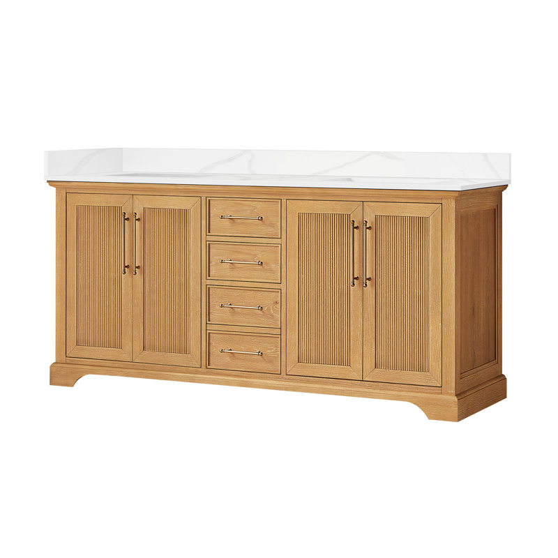 Epworth 72" Double Bath Vanity in Oak Natural Brown with Silk White Quartz Stone Top, Oak Natural Brown