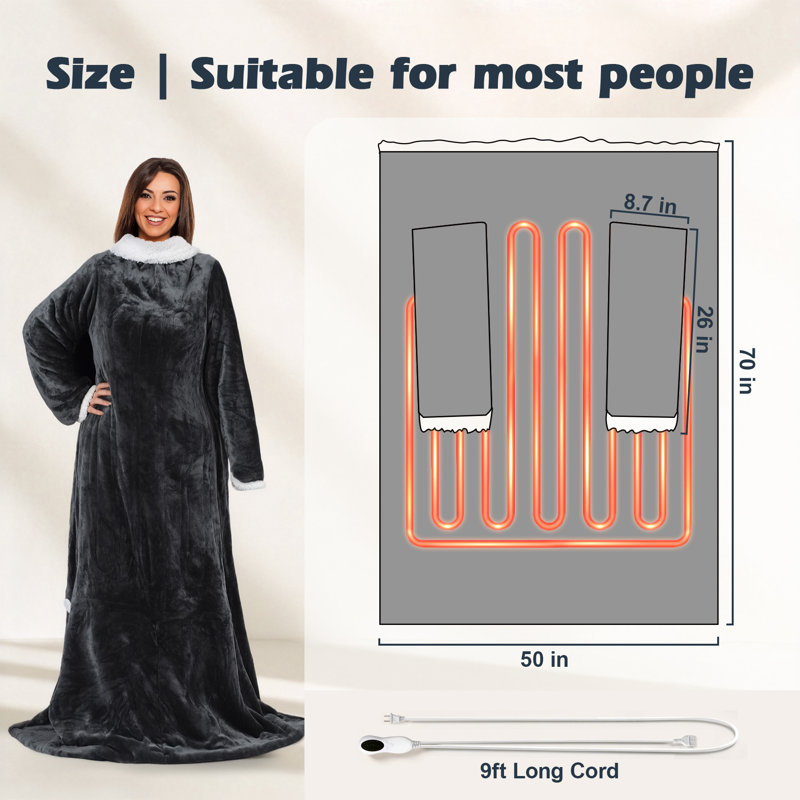 Wearable Heated Blanket with Sleeves and Foot Pocket, 10 Heat Settings & Auto Shut-Off, 50" x 70"+18", Black