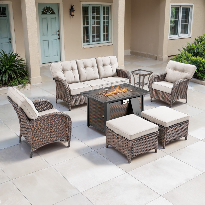 Agnes 5-Person Outdoor Rattan Patio T-Back Cushions Conversation Furniture Set With Fire Pit Table, Beige
