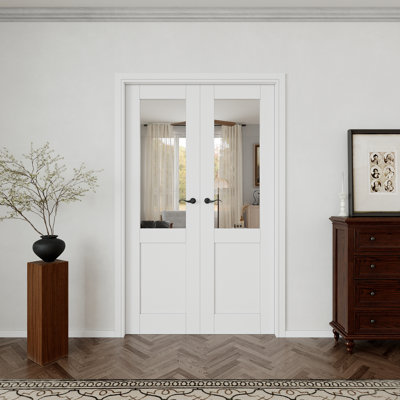 Interior Pantry French Doors Half Clear Glass Panel Modern Solid Manufactured Wood Primed French Double Door With Hardware / Frame