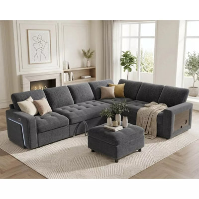  102" 7-Seat L-Shaped Sectional Sleeper Sofa Bed With Pull-Out Bed, Reclining Backrest, USB Ports, LED Lighting & Side Table,  Convertible Couch For Living Room & Apartment