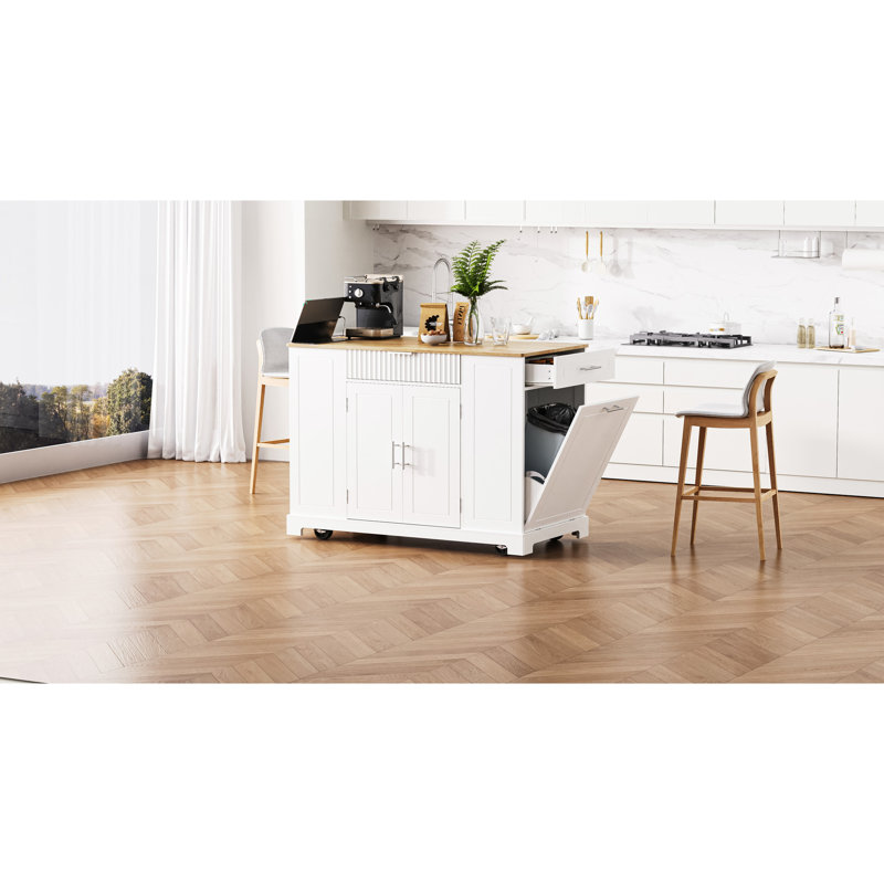 Îlot de cuisine mobile sur 5 roues avec 3 tiroirs, côté ouvert et tablettes réglables. 2 prises de courant, dont 1 de type C.