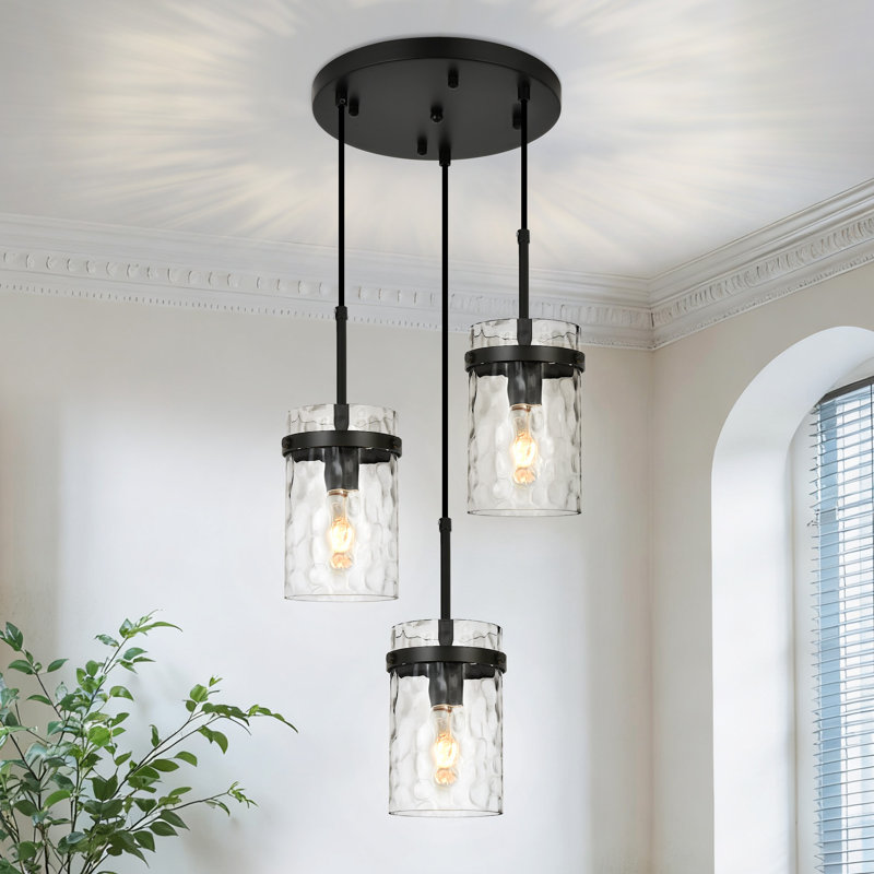 Levona 3-Light Water Hammered Glass Dimmable Kitchen Island Pendant （Matte Black）, Matte Black