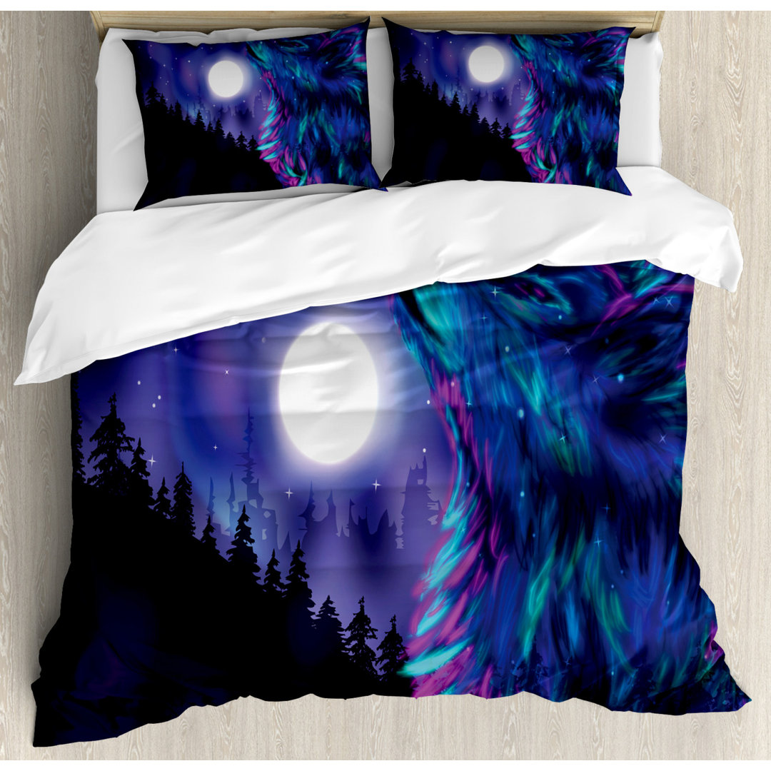 Bettbezug Set, Aurora Borealis und Wolf, Mond, Indigo Aqua Magenta