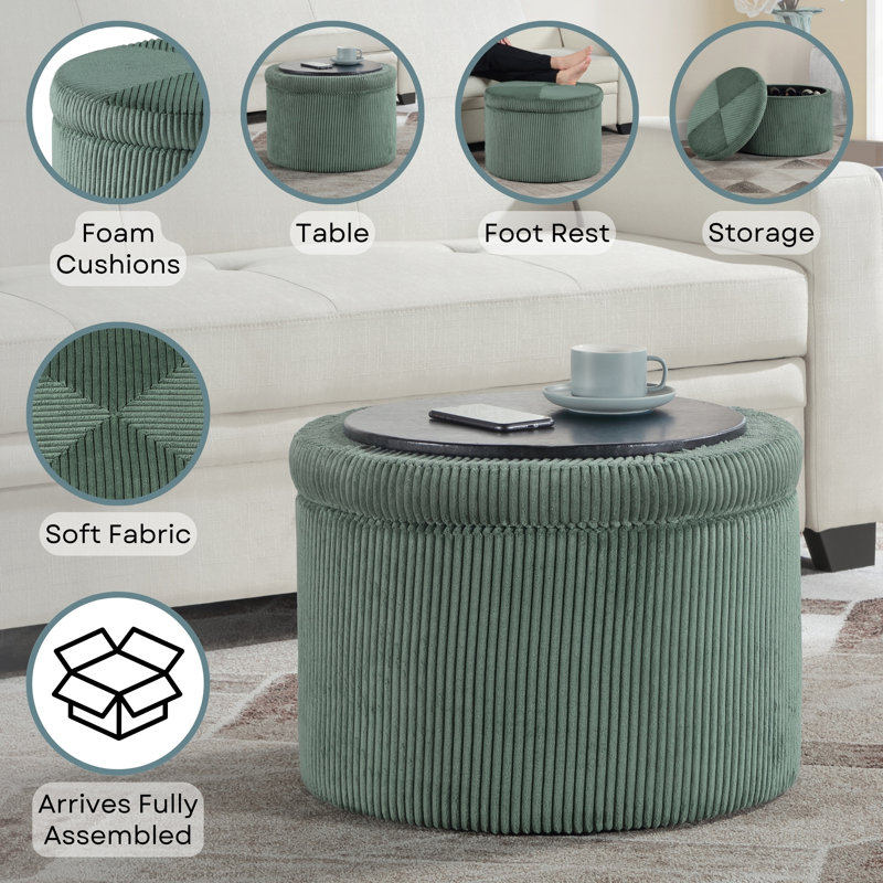 Cory 22" W Round Corduroy Shoe Storage Ottoman with Reversible Tray Lid, Dark Sage Green