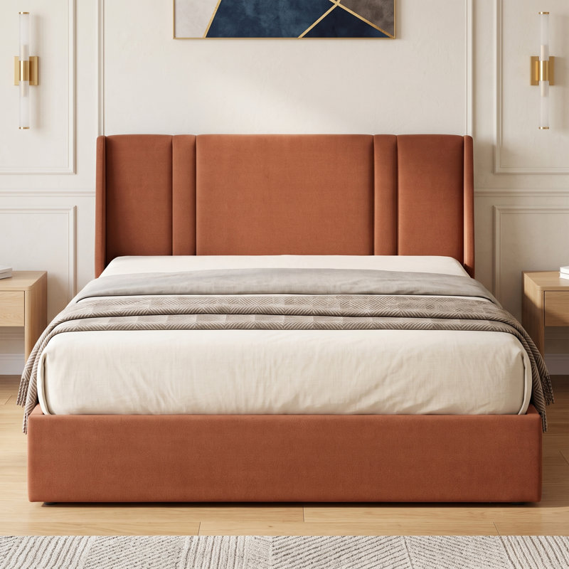 41.7" Velvet Curved Wingback Queen Bed Frame with Hydraulic Lift, No Box Spring Needed, Ocher, Ocher, Queen