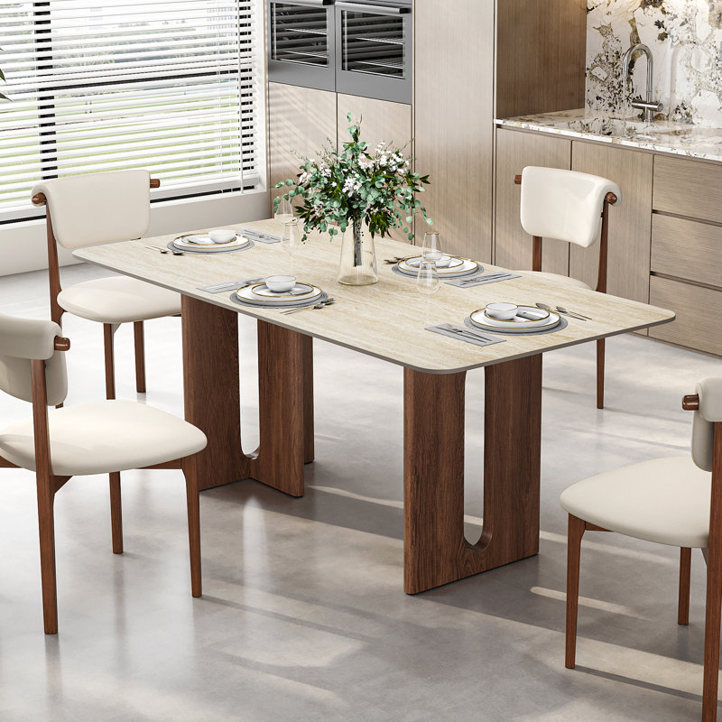 63'' Rectangular Dining Table For 4-6, Stone Dining Table With Wooden Double Base
