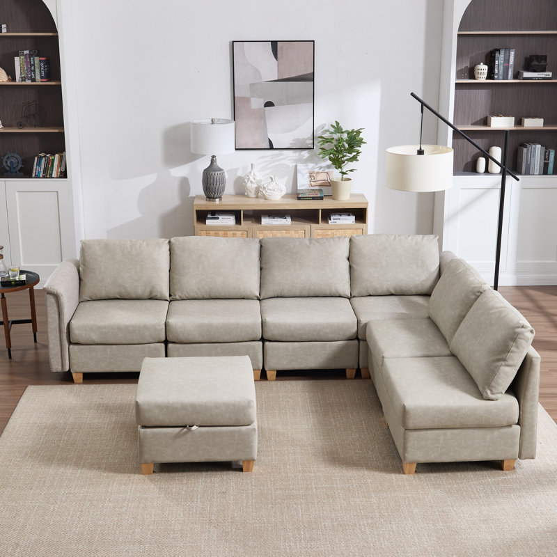 7-Piece Modern Upholstered Sectional Sofa, Beige Faux Leather, Natural