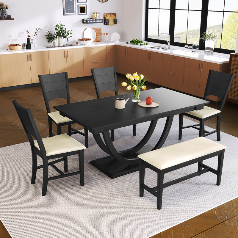 Ensemble de table de salle à manger en bois 6 pièces, ensemble de table de cuisine avec un banc et 4 chaises, Grey, Grey