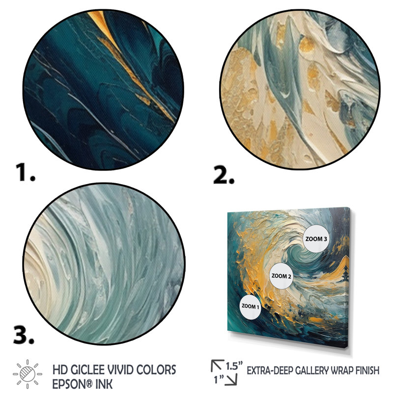 «Golden Ocean Spiral Waves», reproduction d'art abstrait en spirale, 36" H x 36" W, Cadre flottant blanc