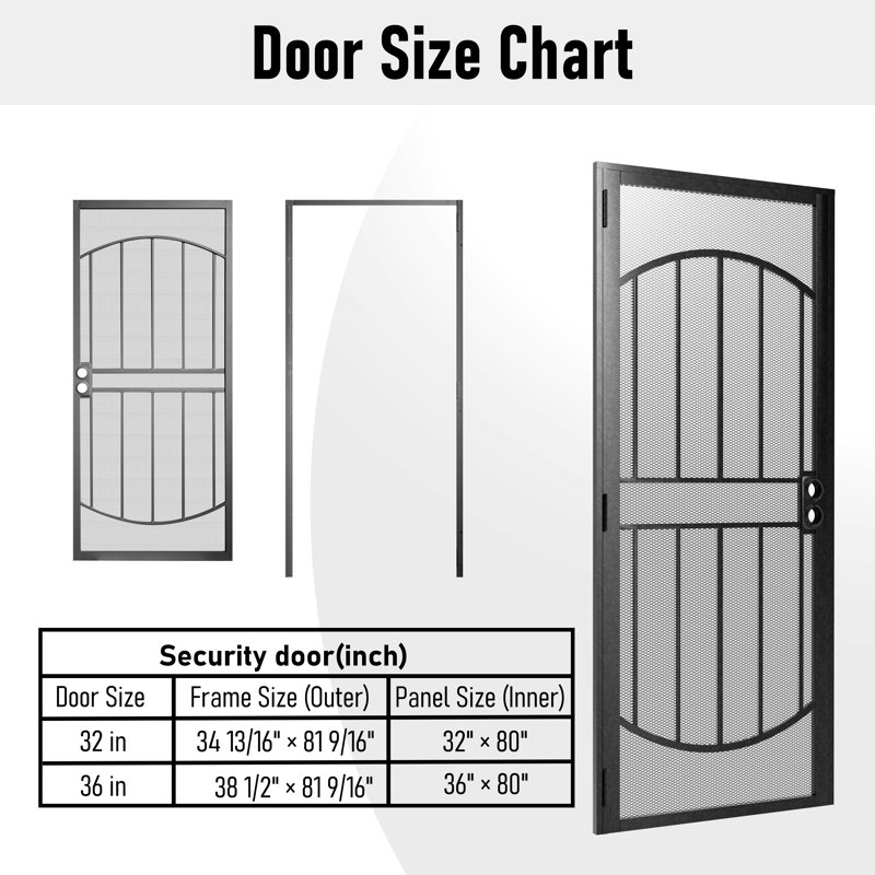 Porte moustiquaire de sécurité en acier maillé expansé avec finition résistante à la rouille et double alésage, réversible à gauche ou à droite en noir ou blanc
