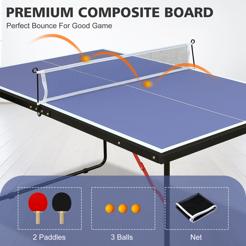 Table de ping-pong pliable de 137 cm (4,5 pieds), avec filet et 2 raquettes. Facile à ranger. Couleur : bleu.
