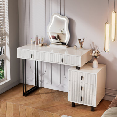 Adjustable-Length Vanity With Cloud LED Mirror - Modern Makeup Table With Storage Drawers & Side Cabinet, Ribbed Texture Design For Bedroom, Dorm & Small Spaces