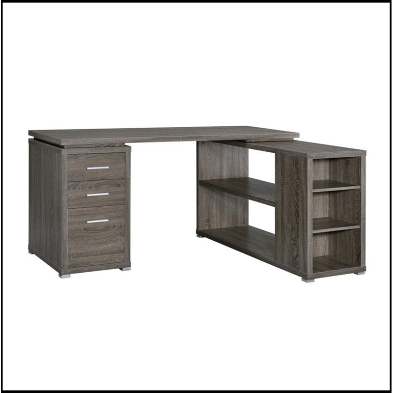 Bureau en L avec tiroirs et tablettes, gris vieilli, durable et peu encombrant pour les espaces de travail modernes
