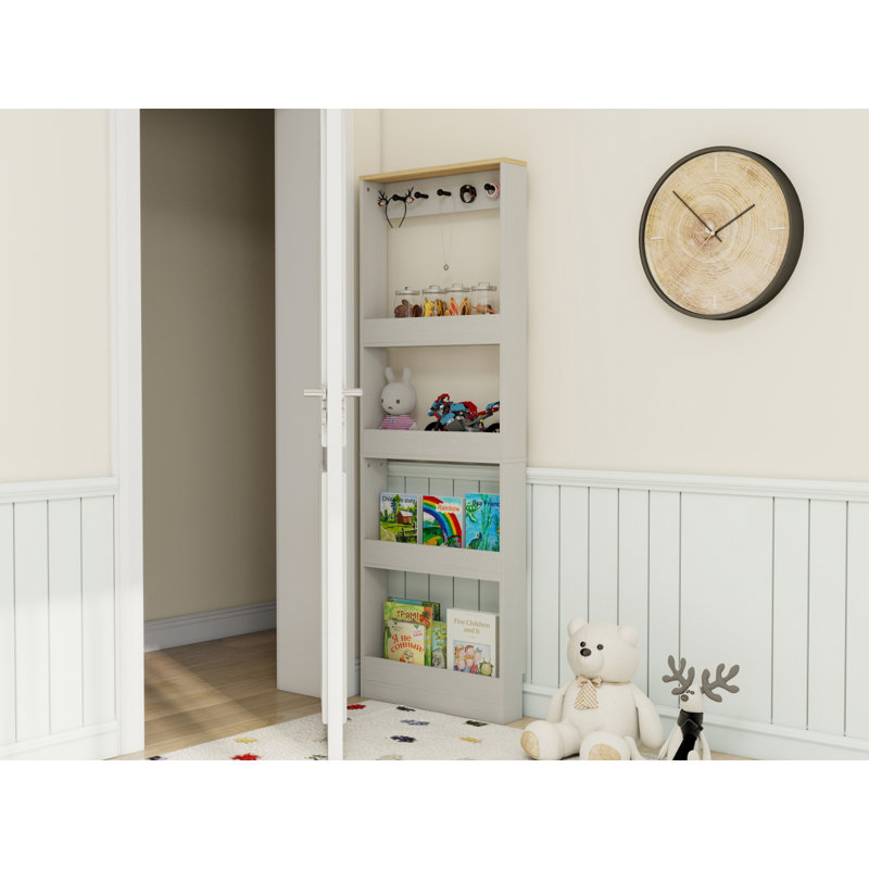Behind The Door 69" Tall Bookcase with 4 Shelves and 5 hooks, Wall Mounted Space-Saving Narrow storage cabinet for Living Room, Children's Room, Study Room, Kitchen, Corridor-Antique White