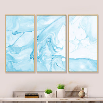 Art liquide en bleu clair et turquoise I - ensemble d'art moderne sur toile encadrée moderne de 3