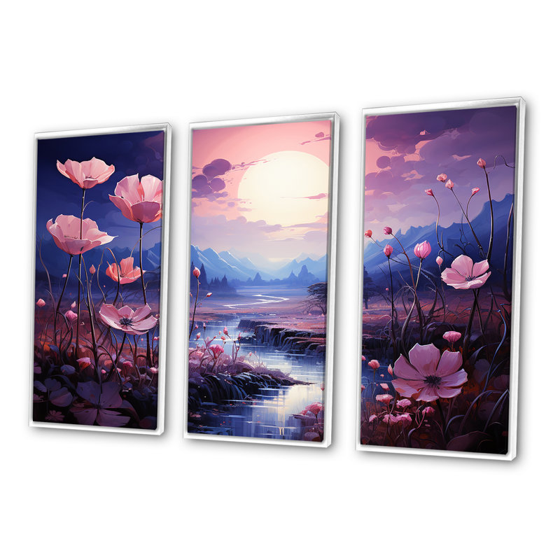 Charmant coucher de soleil magique pré - ensemble de salon d'art mural floral, Cadre flottant blanc