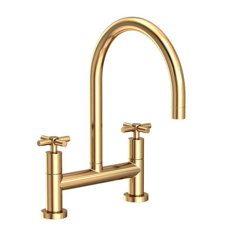 East Linear Kitchen Bridge Faucet, Uncoated Polished Brass (Living, non-returnable), Knob/Cross handle