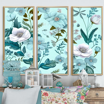 «Blossoming Pastel Wildflowers on Light Blue V», ensemble d'art mural en toile Bouquet floral