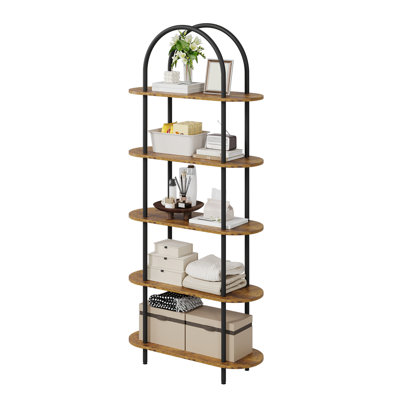 Étagère ouverte cintrée à 5 niveaux, 180 cm de hauteur, structure en métal et panneaux MDF, idéale pour le salon, la chambre à coucher, le bureau ou la salle de bain.
