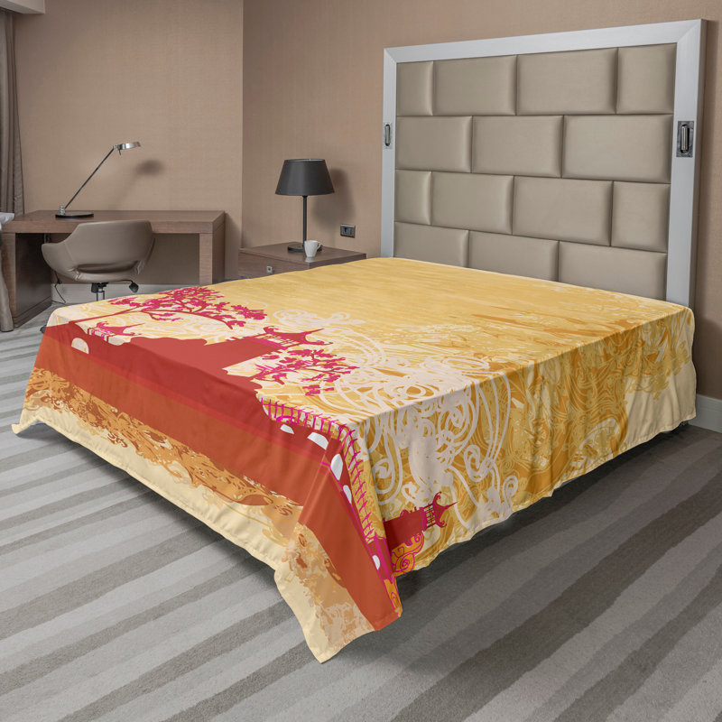 Ambesonne Floral Top Flat Sheet Far Eastern Scenery View Orange and Pink, Queen Flat Sheet