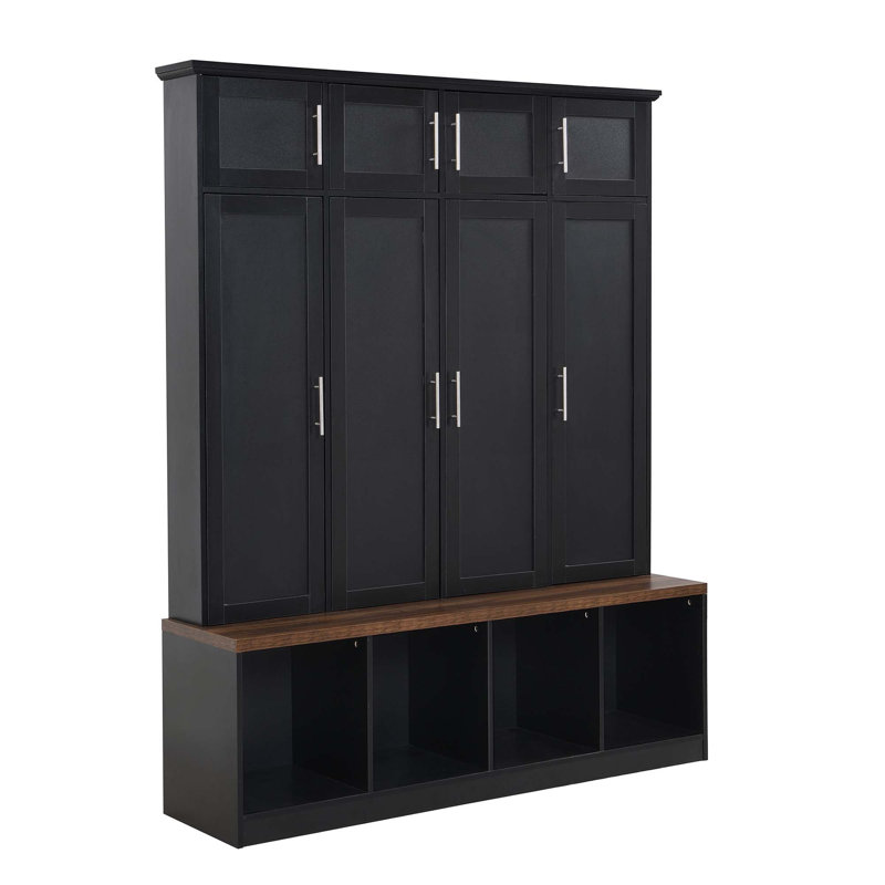 Multi-Functional Hall Tree With 4 Hidden Hanging Hooks, Brown Wood Grain Bench With Multiple Storage Space, Entryway Cabinet With Open Compartments For Living Room, Hallway