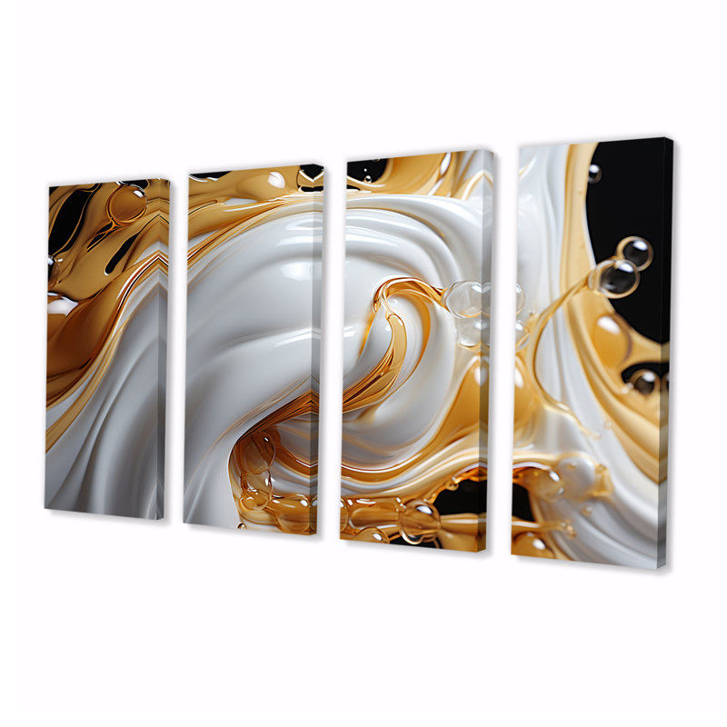 «Flowing Golden Sunshine II», ensemble d'art mural abstrait à encre liquide, 4 pièces, H 28 po x l 48 po
