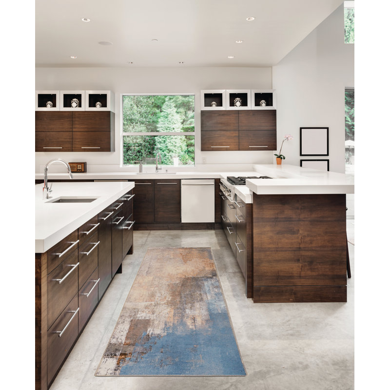 Migliore Washable Beige and Blue Machine Woven Area Rug, Runner 2' x 8'