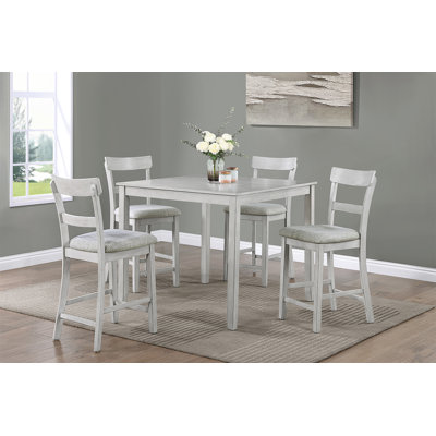 Rustic Farmhouse Transitional 5-Piece Counter Height Dining Set Square Table Linen Look Fabric Upholstered Chair Seat Wooden Dining Room Furniture Whi -  August GroveÂ®, B4964E9A45DE4643A583DA37FBCE2CF1