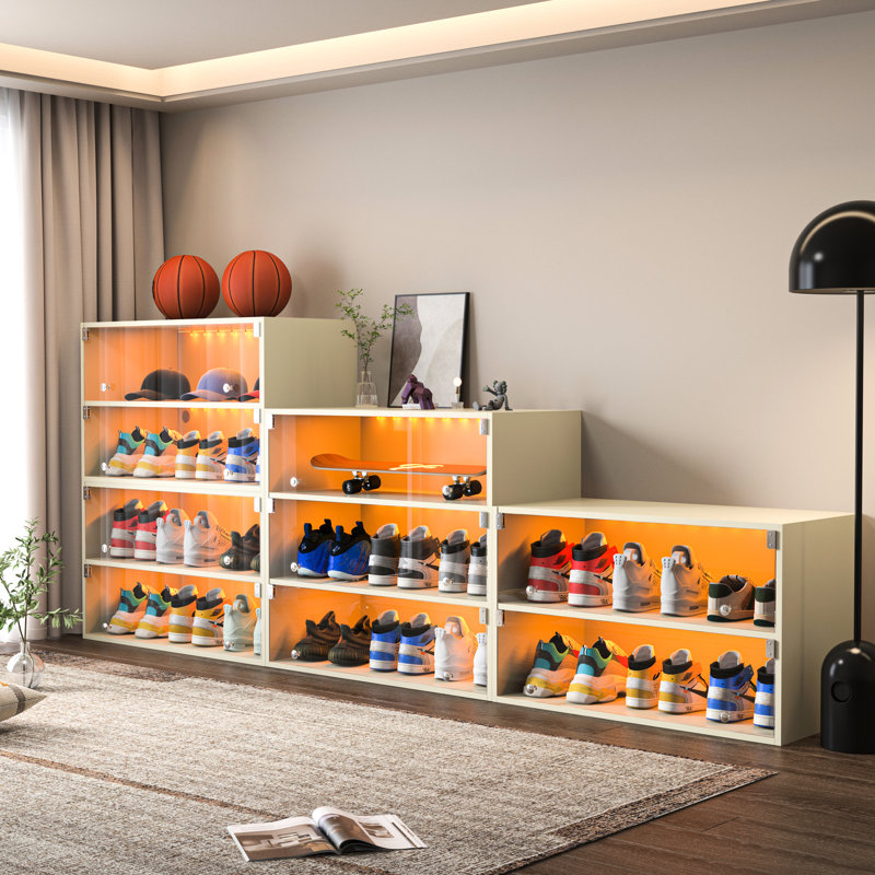 3-Layer Shoe Box Cabinet With Led Lights & Glass Doors, Wood Build, Stores 9 Sneakers, Stackable, Mission Style Wooden Illumination - 3 Shelves, Up To Pairs Of Stackable Option