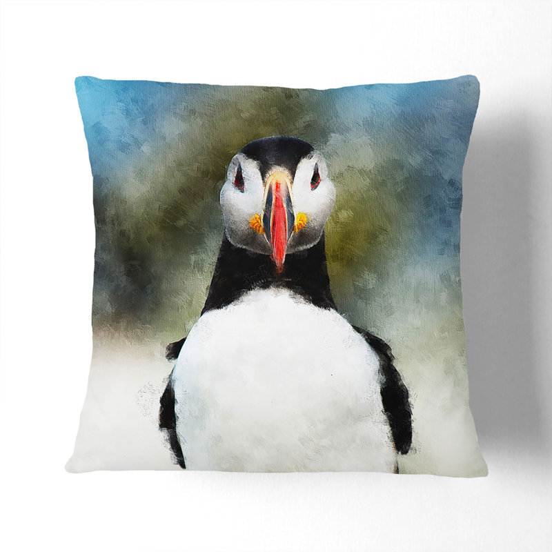 Lone Atlantic Puffin Painting Cushion with Filling, 40cm H x 40cm W x 15cm D