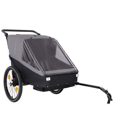 2 In 1 Kids Bike Trailer And Stroller For 1 To 2 Children, Jogging Function, Foldable Compact Storage With Universal Bike Hitch, 5-Point Harness And Storage Bags, Gray