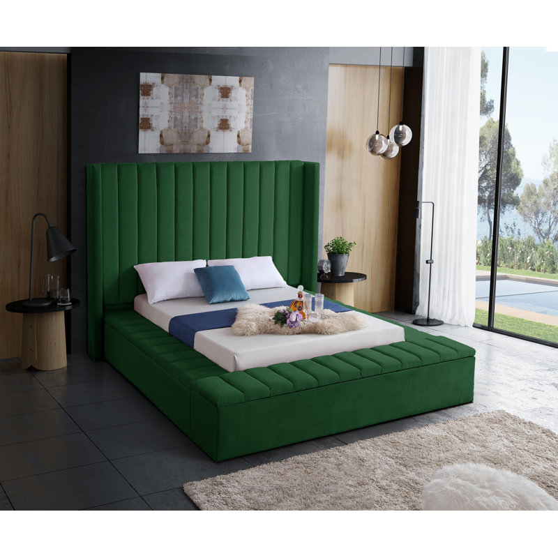 Rick Upholstered Wingback Bed, King, Green Velvet