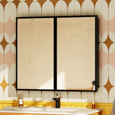 26 In. X 30 In. Black Metal Framed Medicine Cabinet Mirror, Wall Mount Or Recessed