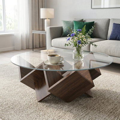 Table basse ronde avec plateau en verre et base géométrique abstrait Art Deco
