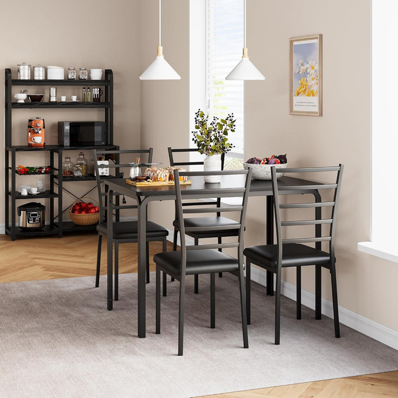 Ensemble de table de salle à manger 5 pièces Modern pour 4 personnes - Mobilier de cuisine et de salle à manger rectangulaire peu encombrant - Plateau de table en panneau de fibres à densité moyenne durable - 4 chaises rembourrées en polyuréthane - Idéal pour les petits espaces - Couleur: noir