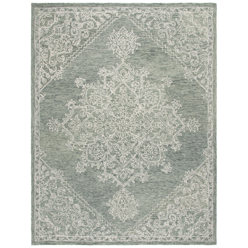 Niti Hand Tufted Wool/Cotton Floral Rug in Green/Ivory, Rectangle 8' x 10'