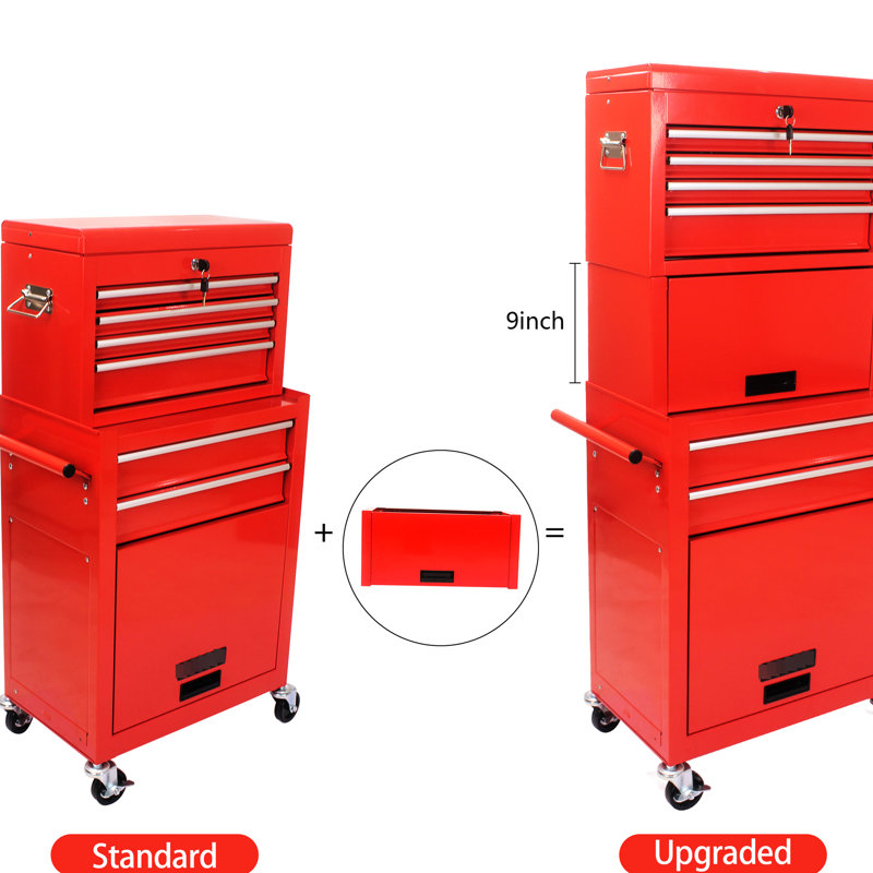 6 coffres à outils verrouillables en métal - 4 roues, 100 kg, rouge pour atelier, Red